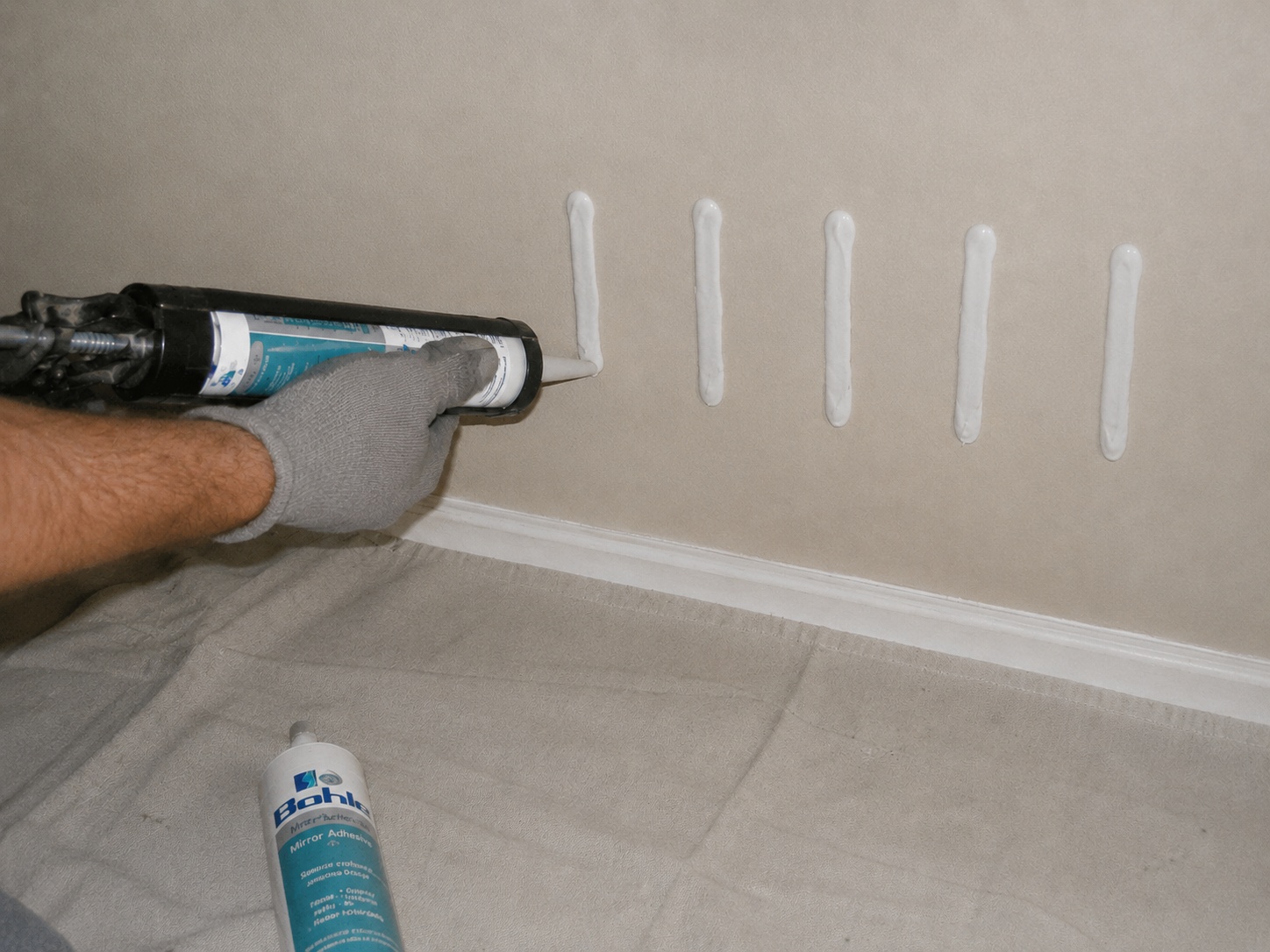 Vertical beads of Bohle mastic gunned onto the wall — one tile's worth at a time, stopped short of the joint lines.